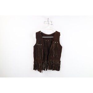 Vtg 60s 70s Boho Chic Womens Small Distressed Riveted Fringed Suede Leather Vest